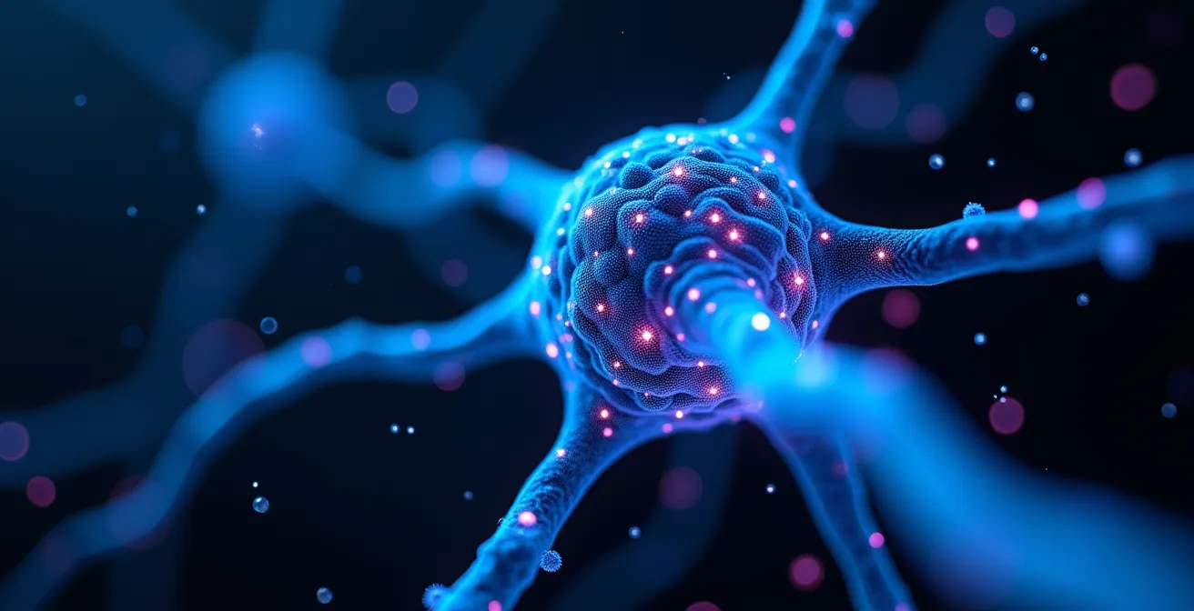 Réseau de synapses cérébrales illuminées représentant l'activité neuronale
